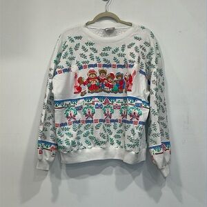 Vintage Christmas Holiday Caroling Bears Sweatshirt Raised Texture Holly Leaves